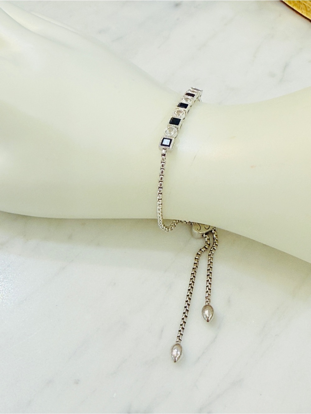 Signed SUN R&M Sterling Silver Blue and White Saphire Adjustable Tennis Bracelet